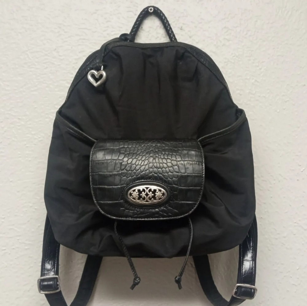 Brighton Black Croc Embossed Leather Trim Nylon Backpack Purse Lots Of pockets
